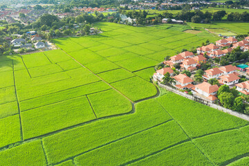 Land and housing estate in aerial view. May call residential building, village, community. Real estate or property from subdivision, construction, development for sale, buy and mortgage in Chiang Mai.