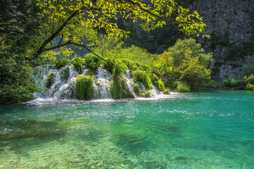 Shoal of fishes swimming in turquoise coloured lake under waterfalls. Terraced lakes in Plitvice Lakes National Park UNESCO World Heritage in Croatia