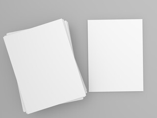 Blank A4 paper template sheets on gray background. 3d render illustration.