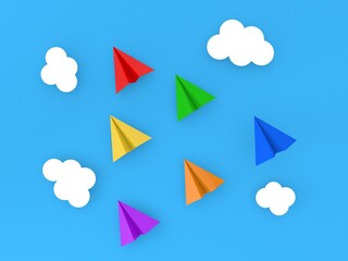 Colored paper planes on a blue background. Leadership concept. 3d render illustration.
