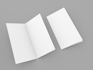 Open and closed brochure mockup on gray background. 3d render illustration.