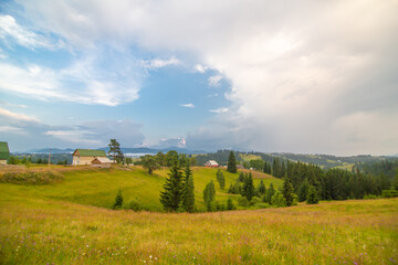 Fototapeta na wymiar Beautiful summer landscape of village among Karpaty mountains