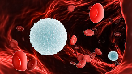 White blood cell or Lymphocyte B amidst red blood cells or erythrocytes within a blood vessel 3D rendering illustration. Immune system, anatomy, medicine, microbiology, science concepts.
