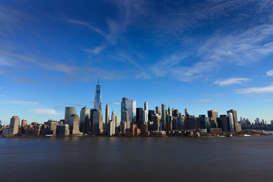 Manhattan Skyline New York City, New York from Ellis Island with upper bay of Hudson River foreground