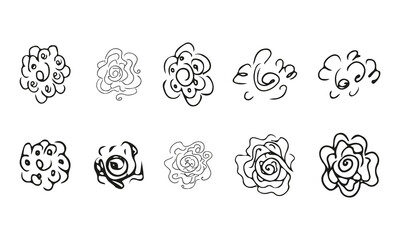 10 hand-drawn blossom wildflowers. Big collection of 10 hand-drawn roses. Big floral botanical set. Isolated on white background. Doodle simple vector collection.