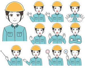 作業員　黄色ヘルメット　男性　動作バリエーション