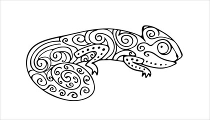 Fanny Doodle Stylized Outline Black and White Chameleon Isolated on White. Hand Drawn Reptile Vector Illustration in Cartoon Style. Drawing for Baby Coloring Book or Print Tropical Animal Collection. 