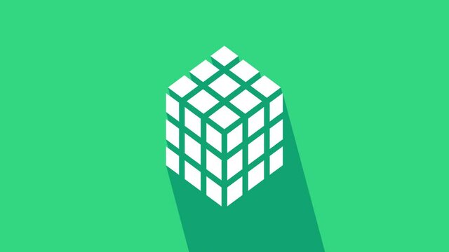 White Rubik cube icon isolated on green background. Mechanical puzzle toy. Rubik's cube 3d combination puzzle. 4K Video motion graphic animation