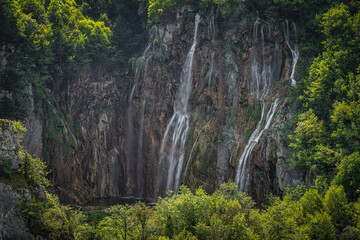 Closeup on Veliki Slap, the Great and tallest waterfall in Plitvicka Jezera. Plitvice Lakes National Park UNESCO World Heritage, Croatia