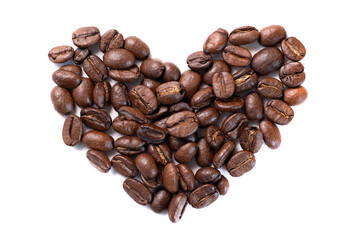 Coffee beans in heart shape on white background