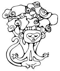 Cute monkey sitting under a tree in a meditative pose