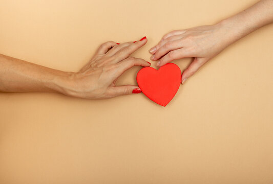 LGBT concept. Womens hands holding red heart on beige background with copy space. Hands of couple of homosexual women on yellow set sail champagne color backdrop. Lesbi Valentines card.