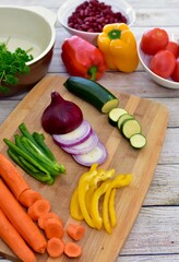 Chopped fresh vegetarian ingredients for making hearty healthy winter soups, stews and chilis