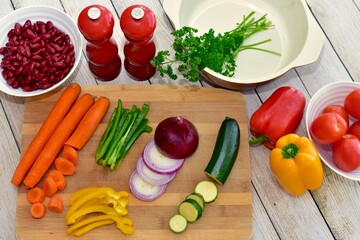 Chopped fresh vegetarian ingredients for making hearty healthy winter soups, stews and chilis