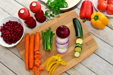 Chopped fresh vegetarian ingredients for making hearty healthy winter soups, stews and chilis