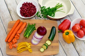 Chopped fresh vegetarian ingredients for making hearty healthy winter soups, stews and chilis