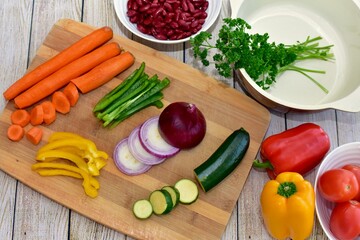 Chopped fresh vegetarian ingredients for making hearty healthy winter soups, stews and chilis