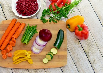 Chopped fresh vegetarian ingredients for making hearty healthy winter soups, stews and chilis