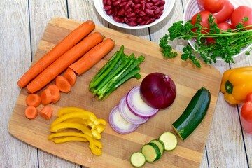 Chopped fresh vegetarian ingredients for making hearty healthy winter soups, stews and chilis