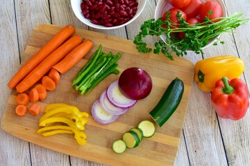 Chopped fresh vegetarian ingredients for making hearty healthy winter soups, stews and chilis