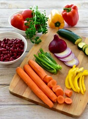 Chopped fresh vegetarian ingredients for making hearty healthy winter soups, stews and chilis