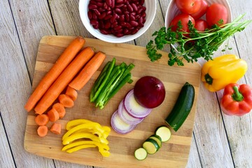 Chopped fresh vegetarian ingredients for making hearty healthy winter soups, stews and chilis