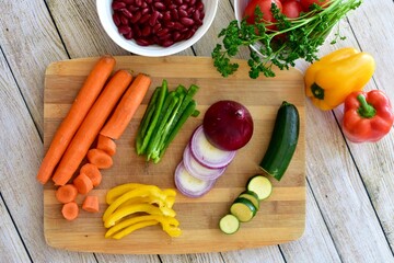 Chopped fresh vegetarian ingredients for making hearty healthy winter soups, stews and chilis