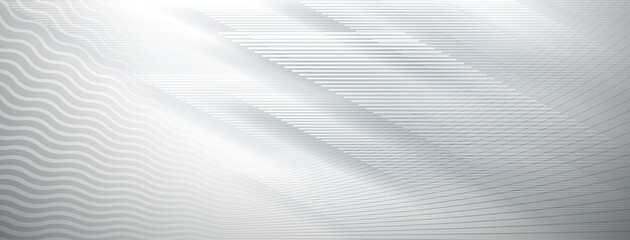Abstract background of straight and wavy intersecting lines in white and gray colors