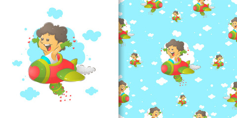 Fototapeta na wymiar The seamless of the cupid playing the plane in the watercolor illustration