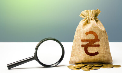 Ukrainian hryvnia money bag and magnifying glass. Origin of capital funds. Revising the budget to...