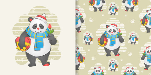 The panda holding the flower and holding a gift on the pattern set