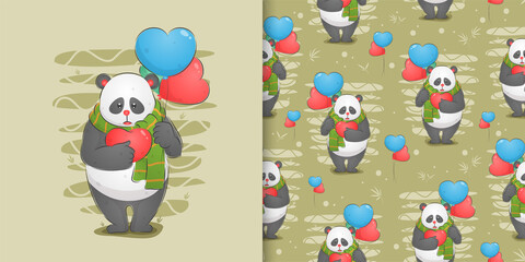 The sad panda holding his love and two balloons on his hand in pattern set