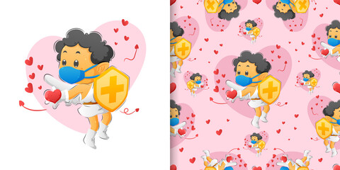 The pattern set of the cupid boy holding shield and spreading the love to the people