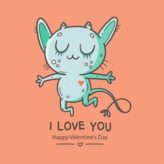 Valentine's day card with cute cartoon imp. Greeting print with doodle funny animal. Line art poster for children. Vector holiday illustration.