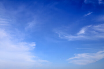 Blue sky background, pale cirrus White clouds. Simple natural background, landscape. Global climate change, warming