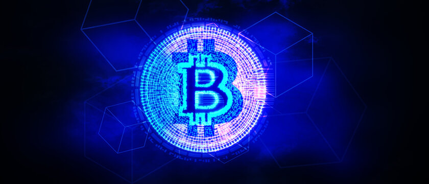 3D Illustration token cryptocurrency Bitcoin gold symbol on future internet cashless currency wallet safe trade on digital online 5G technology blockchain stock market disrupt transform financial bank