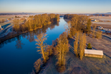 Aerial View of the Skagit River, Conway, Washington. The Skagit River is the largest river in Puget Sound and one of the biggest rivers in the entire state and in the National Wild and Scenic Rivers. 