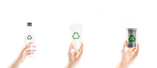 People's hand shows used recyclable packages materials with recycling symbol (transparent plastic bottle, takeaway paper cup, aluminum food container). Concept of responsible, care and save the world.
