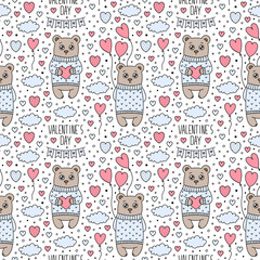 Vector Cute Cartoon Sweater Bears Seamless Pattern. Love Symbols, Valentines Day text, Clouds, Hearts, Balloons, Flag Garland. Holiday background for nursery print design, wrapping paper, textile