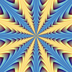Stacked Structure in Blue and Yellow   An abstract fractal creation with an optically challenging stacked stuctural design in yellow and blue. - 408179162