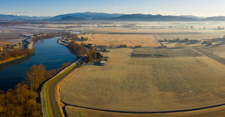 Aerial View of the Skagit River, Conway, Washington. The Skagit River is the largest river in Puget...