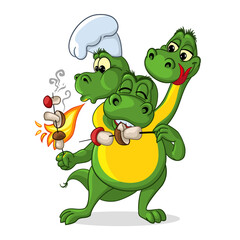 Cute three headed cartoon dragon character. Cooks and eats. Isolated vector illustration. 