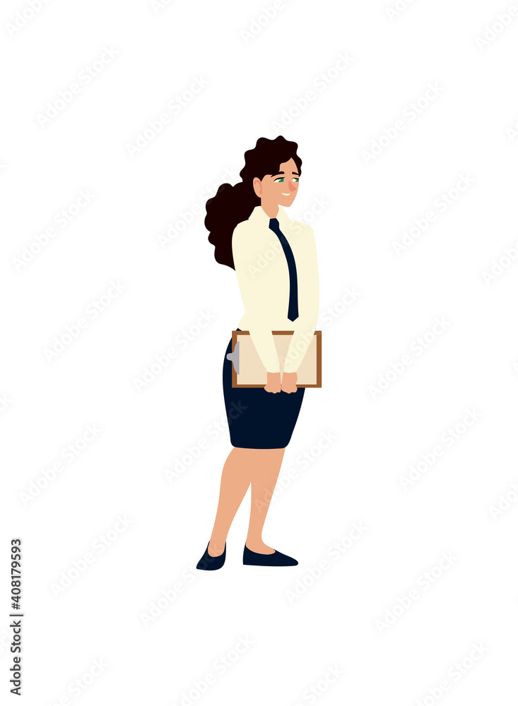 Poster businesswoman character female standing, on white background