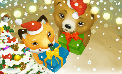 cartoon scene with christmas animals holding presents illustration