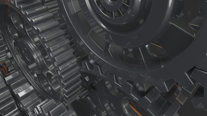 Mechanism black-orange gears and cogs at work on spot light background. Industrial machinery. 3D illustration. 3D high quality rendering.