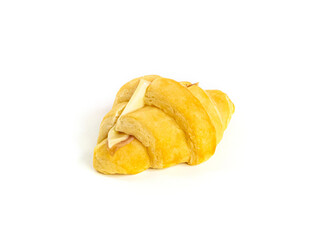 Croissant sandwich with ham and cheese on white background. One Croissant isolated picture. Homemade bakery concept.