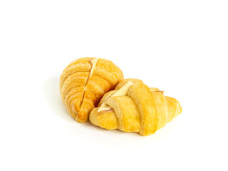 Croissant sandwich with ham and cheese on white background. Two Croissant isolated picture. Homemade bakery concept.