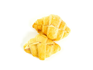 Top view, Croissant sandwich with ham and cheese on white background. Two Croissant isolated picture. Homemade bakery concept.