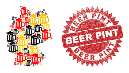 Germany geographic map mosaic in Germany flag official colors - red, yellow, black, and dirty Beer Pint red rosette badge. Vector beer mug design elements are formed into mosaic German map collage.