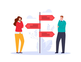 Two people characters thinking and choosing way adstract graphic design illustration